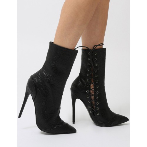 ΜΠΟΤΑΚΙ ΜΑΥΡΟ  Public Desire Women's Regal Lace Up Side Embossed Ankle Boots
