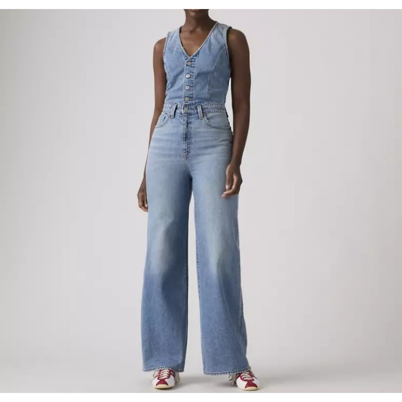 0002R-0001 DNM VEST WIDELG JUMPSUIT MED INDIGO